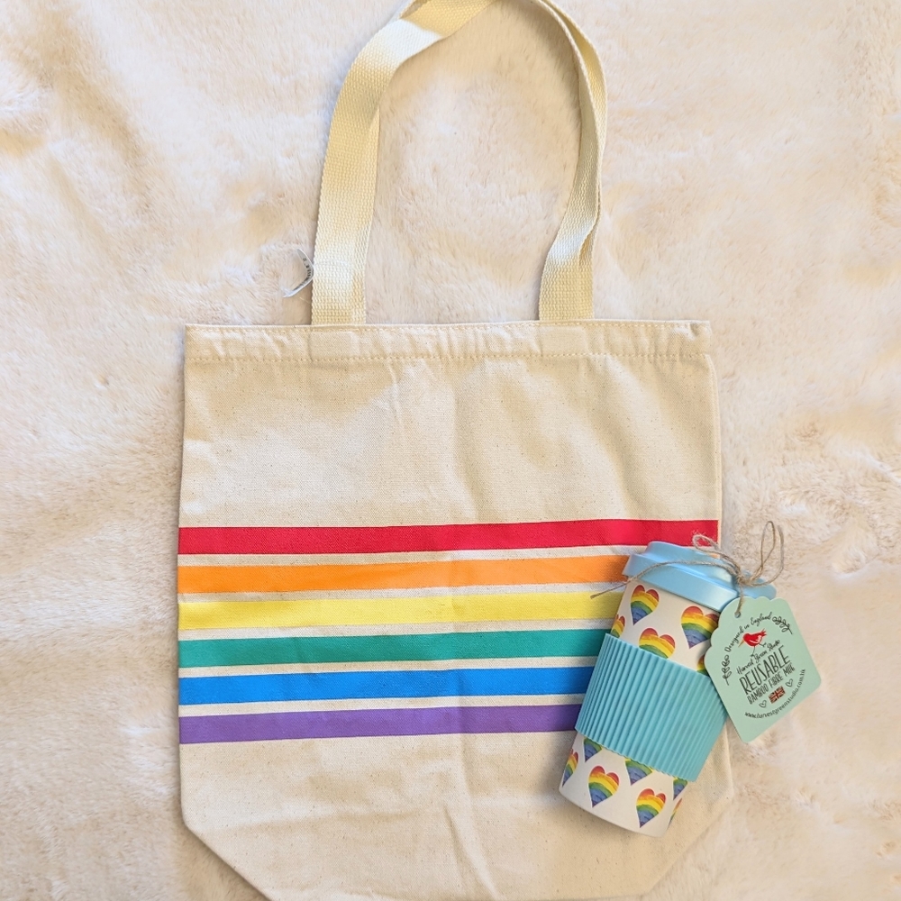 Rainbow Tote Bag + Cup Gift Set